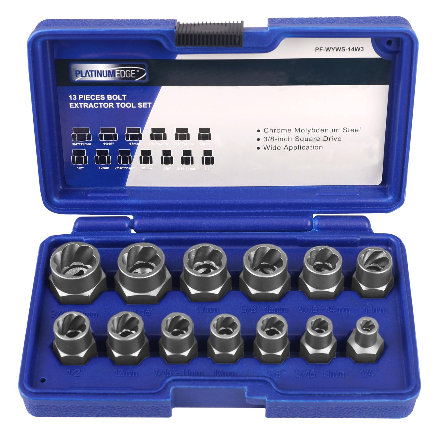 PLATINUMEDGE 13 Pieces Impact Bolt & Nut Remover Set, Stripped Bolt Extractor Set, Cr-Mo Extraction Tool Set with Solid Storage Case, Easy Out Rusted Rounded Damaged Nuts and Bolts