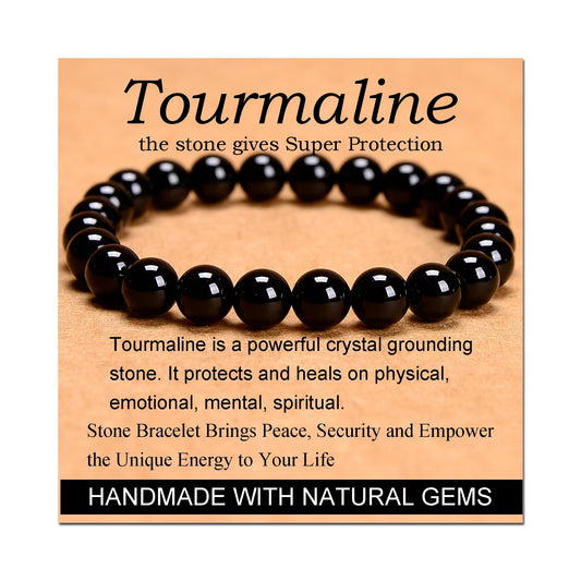 MASSIVE BEADS Black Tourmaline - Super Protection - Handmade Yoga Stretch Elastic Bracelet Natural Stone Crystal Healing Power Energy Gifts for Unisex Adult 8mm
