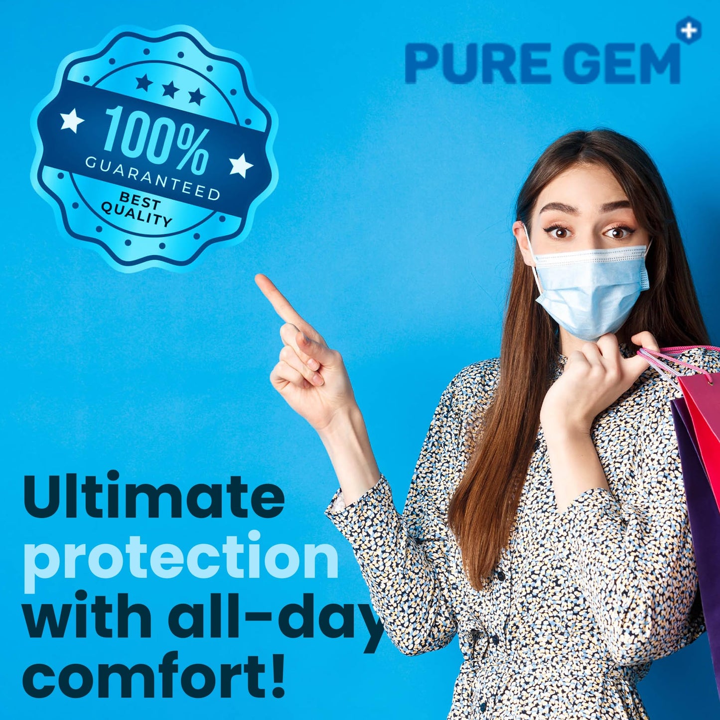 PURE GEM [Pack of 150] Single Use Disposable Blue Face Mask, Soft on Skin, 3-ply Masks Facial Cover with Elastic Earloops Great For Home, Office, School, and Outdoors