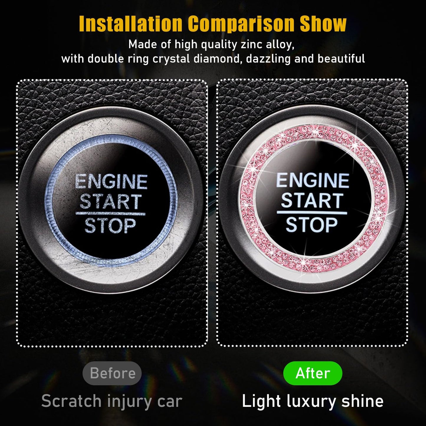 Kewucn Bling Crystal Double Rhinestone Car Engine Start Decoration Ring, Sparkling Push Start Button Sticker, Key Ignition & Knob Ring Decoration, Bling Car Interior Accessory(Pink)