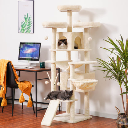 Hey-brother Cat Tree, 71 inches XL Large Cat Tower for Indoor Cats, Multi-Level Cat House with 3 Padded Perches, Big Scratcher, Cozy Basket, 2 Cat Condos and Scratching Posts, Beige MPJ034M