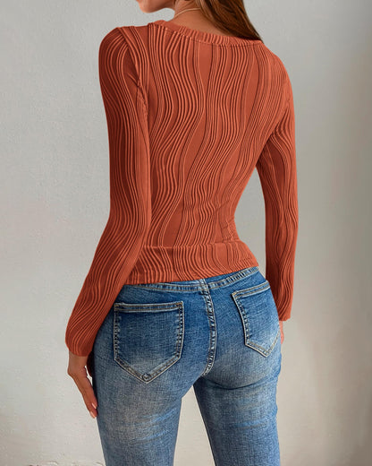 PRETTYGARDEN Women's Tops 2025 Fall Fashion Long Sleeve Crewneck Blouse Slim Fit Textured Basic Knit T Shirt Y2k Clothes(Brick Red,Medium)