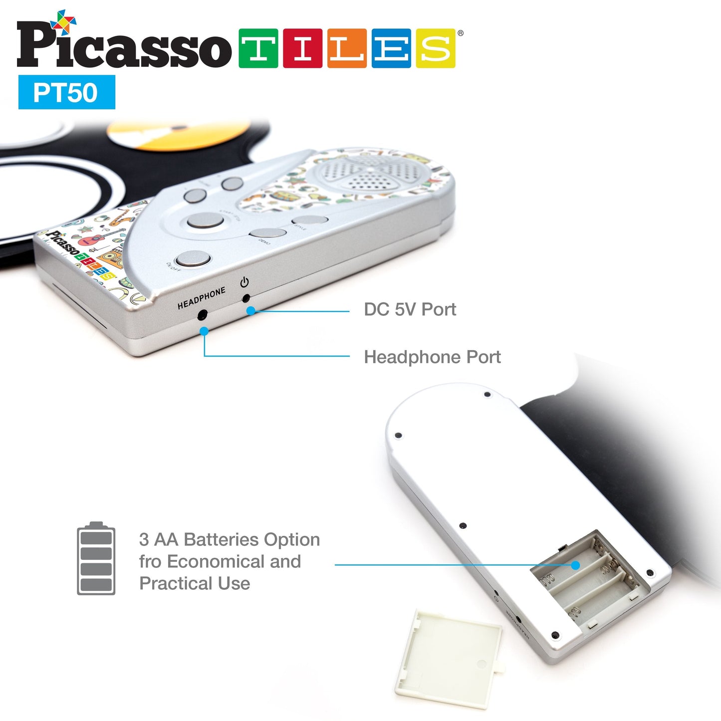 PicassoTiles Portable Roll-Up Electronic Drum Set for Kids 7 Drum Pads with Built-in Speaker Headphone Jack Recording Function Educational Demo Songs Fun Musical Toy for Boys and Girls Ages 3+ PT50