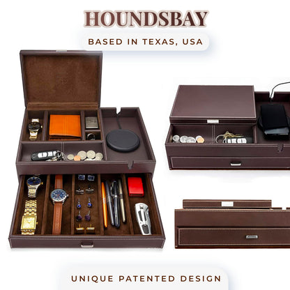 Mens Watch Box Leather Valet Tray - Bedside Table Organizer, Men's Jewelry Box, Watch Case for Men with Large Smartphone Charging Station - Jewelry Box for Men with Valet Box and Nightstand Organizer