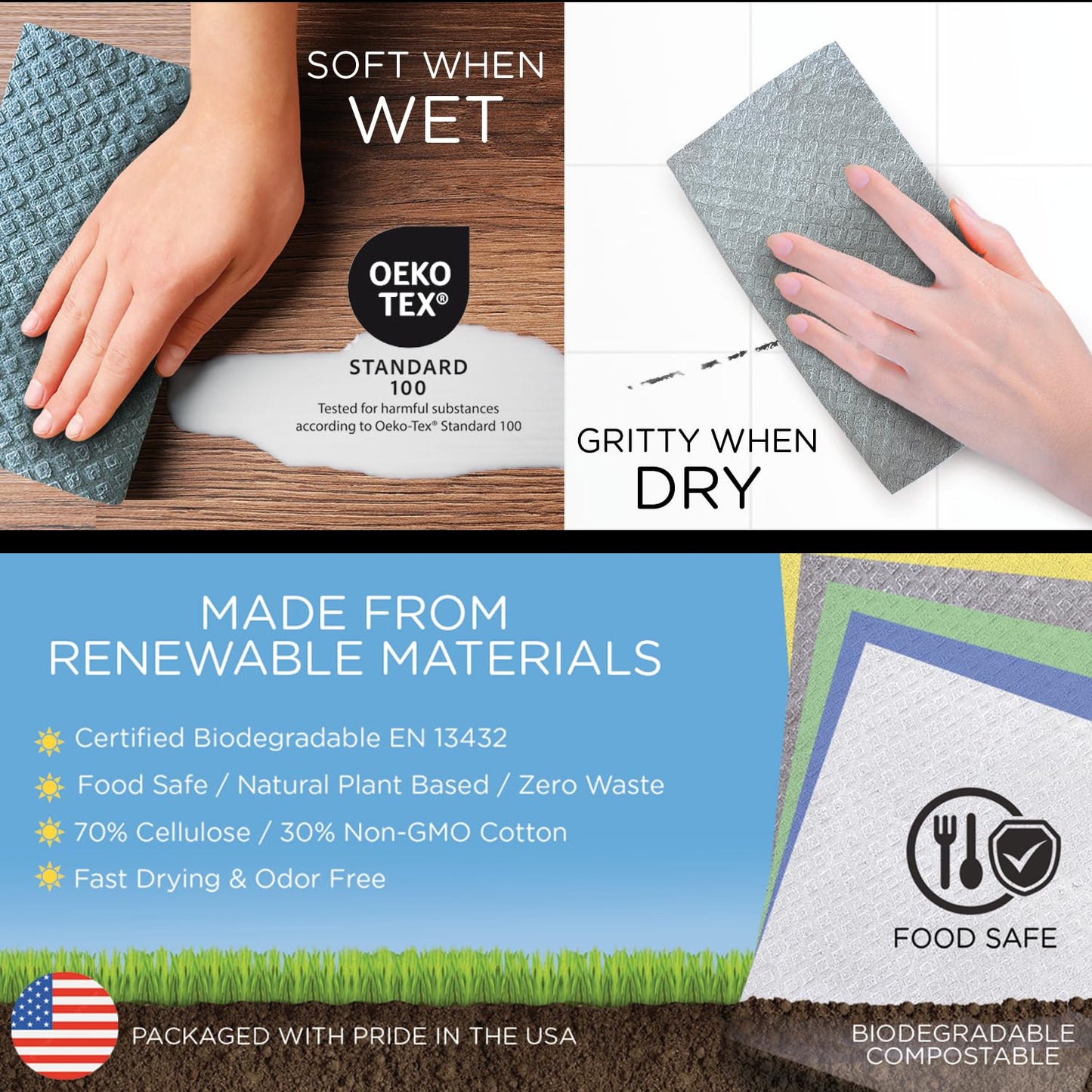 LOLA Wowables XL Swedish Dishcloths, 30 Reusable Eco Cleaning Cloths, 11" x 10", Ultra Absorbent Cellulose Sponge Towel, Compostable, Made in Germany