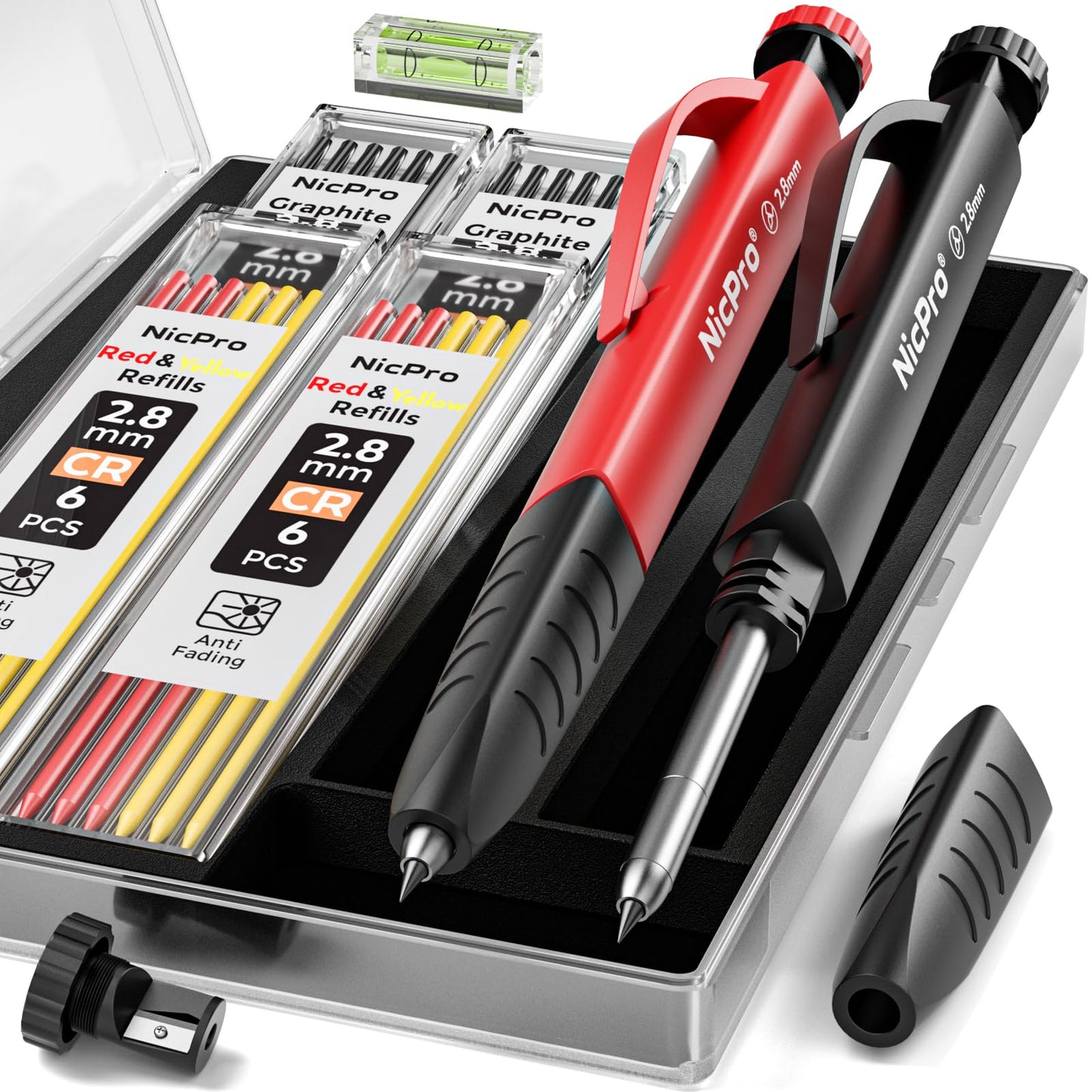 Nicpro 2 Pack Carpenter Pencil Set with Sharpener & Finger Grip, Mechanical Woodworking Pencils with 26 Refills (Red, Black, Yellow), Deep Hole Marker Heavy Duty Construction Pencils - With Case