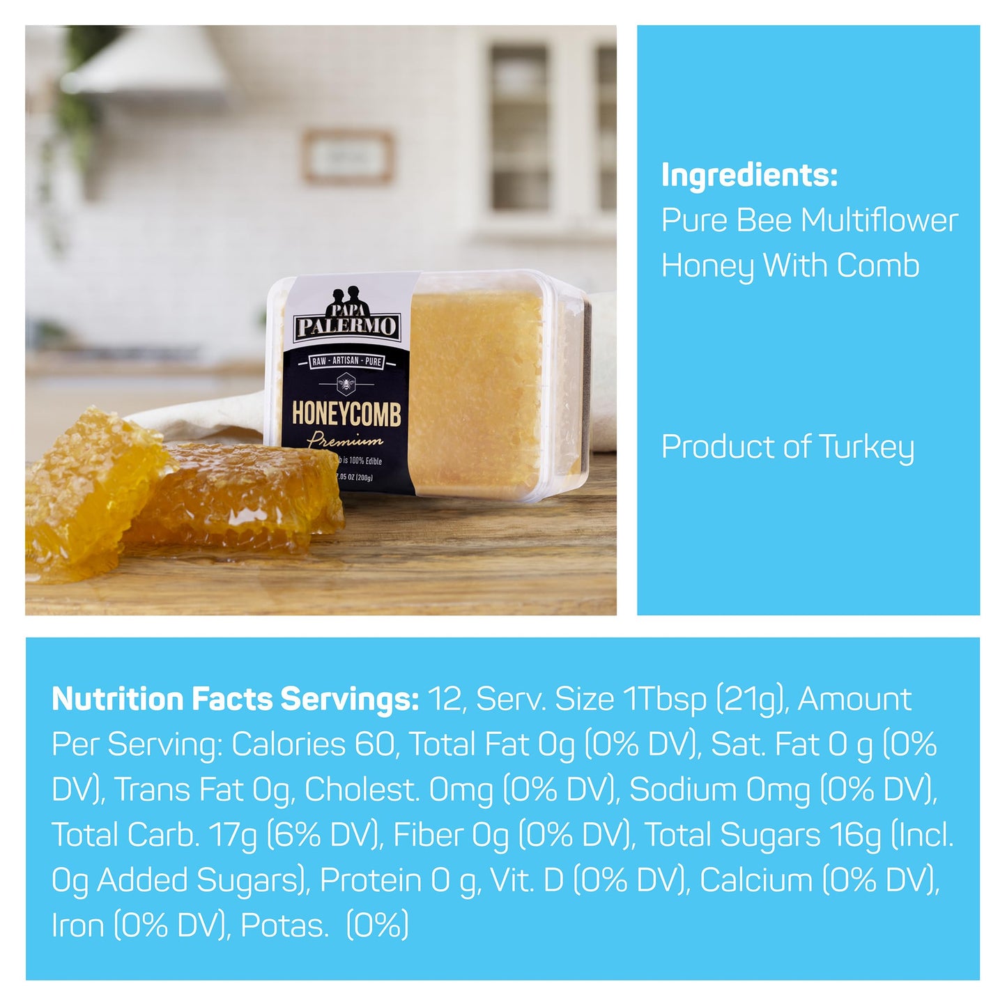 Papa Palermo Honeycomb 100% Edible, All-Natural, Gourmet Raw Honeycomb, No Additives, No Preservatives - 7.05 oz