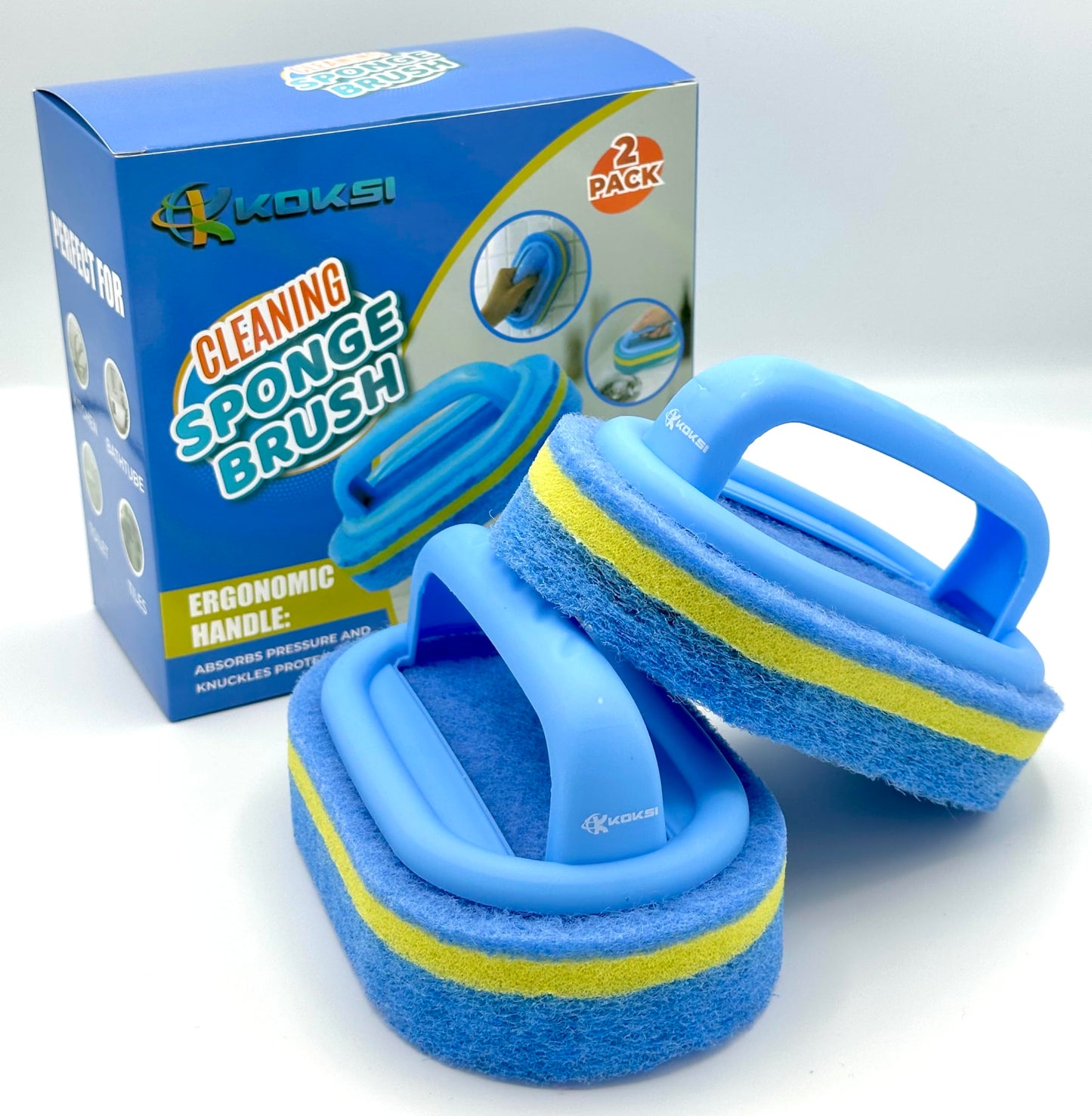 KOKSI 2-Piece Cleaning Brush for Bathroom Kitchen Bathtub Toilet Cleaner All Purpose Shower Sponge Scrubbing Brush with Ergonomic Handle