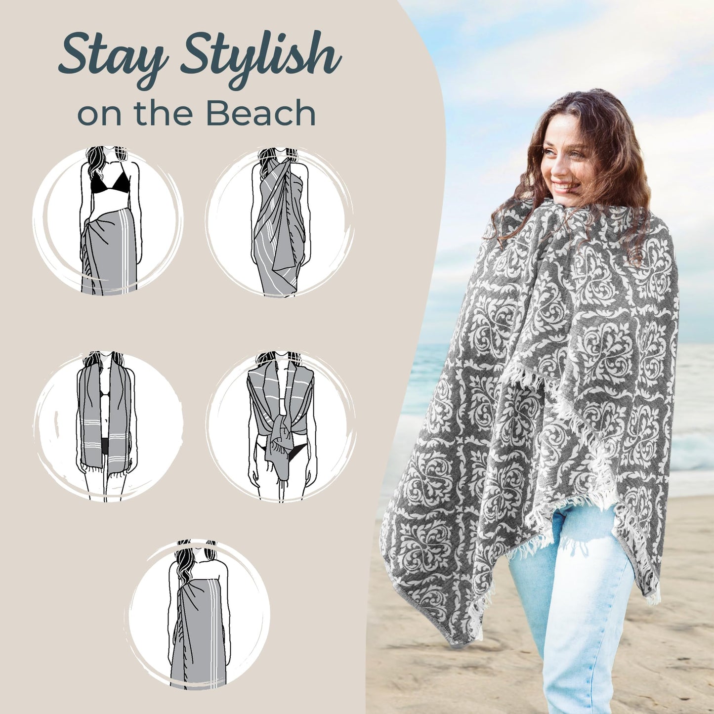 Mebien touche de la nature Premium Turkish Beach Towel – 35"x67" – 100% Cotton – Quick Dry Towel & Sand Free – Renaissance Black – Ideal for Travel & Pool