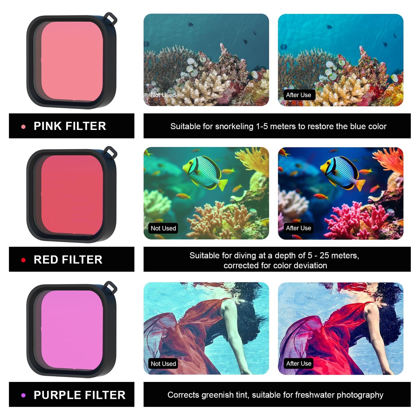 OKFUN Waterproof Housing Case with 3Pack Filters for Go Pro Hero 13 Hero 12 Hero 11 Hero 10 Hero 9 Black,Protective Underwater Dive Shell Monopod Floating Hand Grip Pole Stick Action Camera Accessory