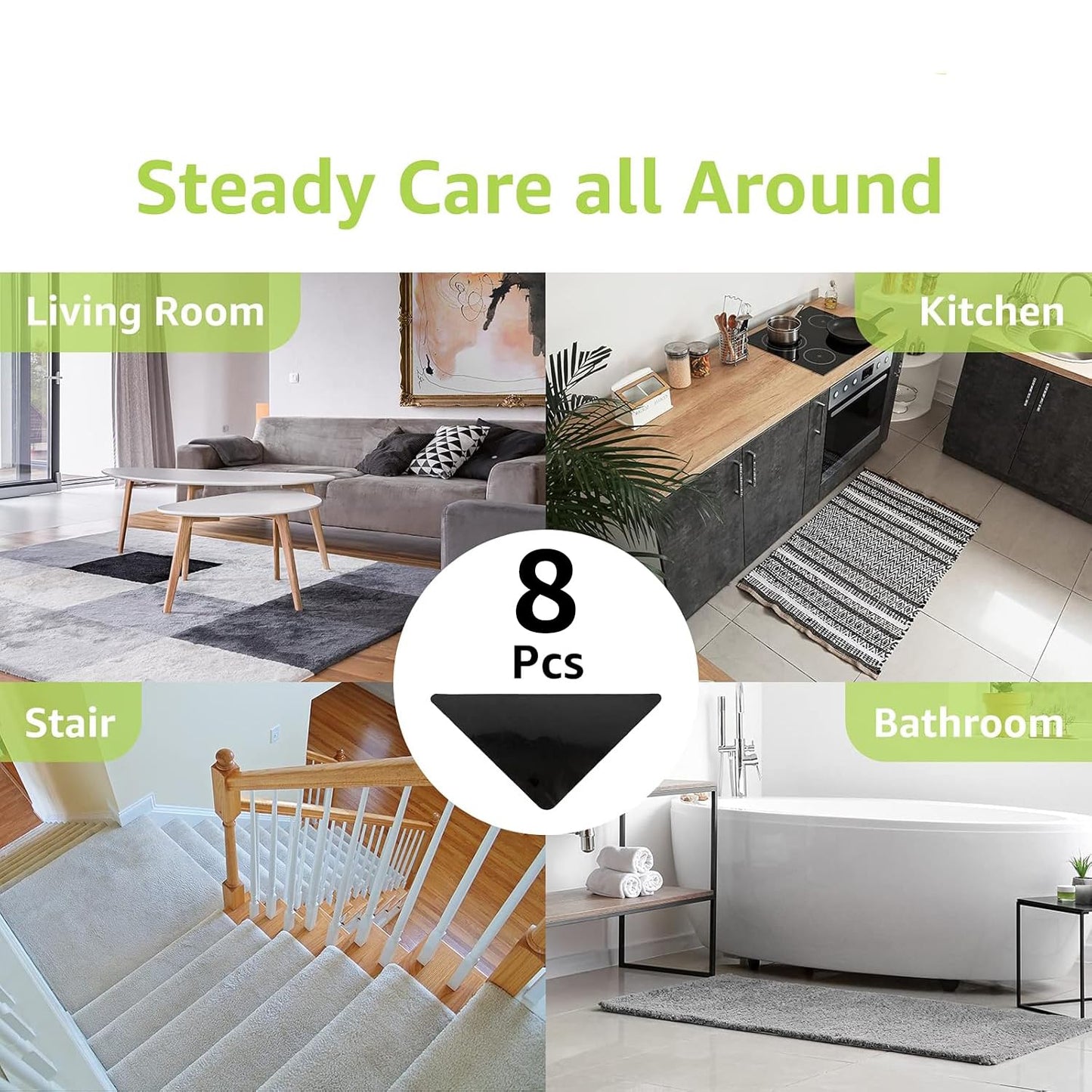 Rabenda 8 Pcs Grippers for Rugs, Non Slip Rug Pads for Hardwood Floors and Tiles, Reusable Rug Tape for Area Rugs, Dual Sided Adhesive Rug Pad Gripper Keep Corners Flat(Black)