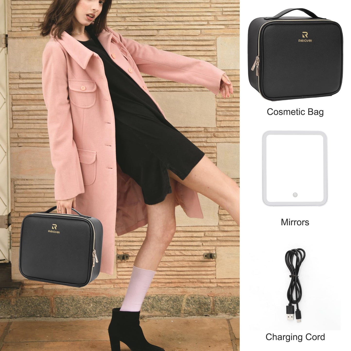 Relavel Travel Makeup Bag With LED Mirror, Cosmetic Train Case with Light up Mirror, Portable Makeup Artist Organizer Bag with Adjustable Dividers, Makeup Brush Holder Storage, Black