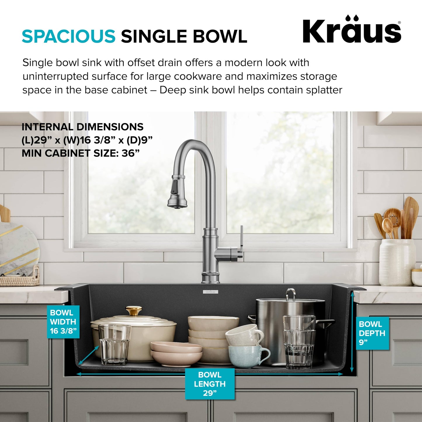 KRAUS Forteza 33-inch Drop In/Undermount Single Bowl Granite Kitchen Sink in Black, KGD-54BLACK