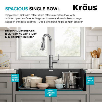 KRAUS Forteza 33-inch Drop In/Undermount Single Bowl Granite Kitchen Sink in Black, KGD-54BLACK