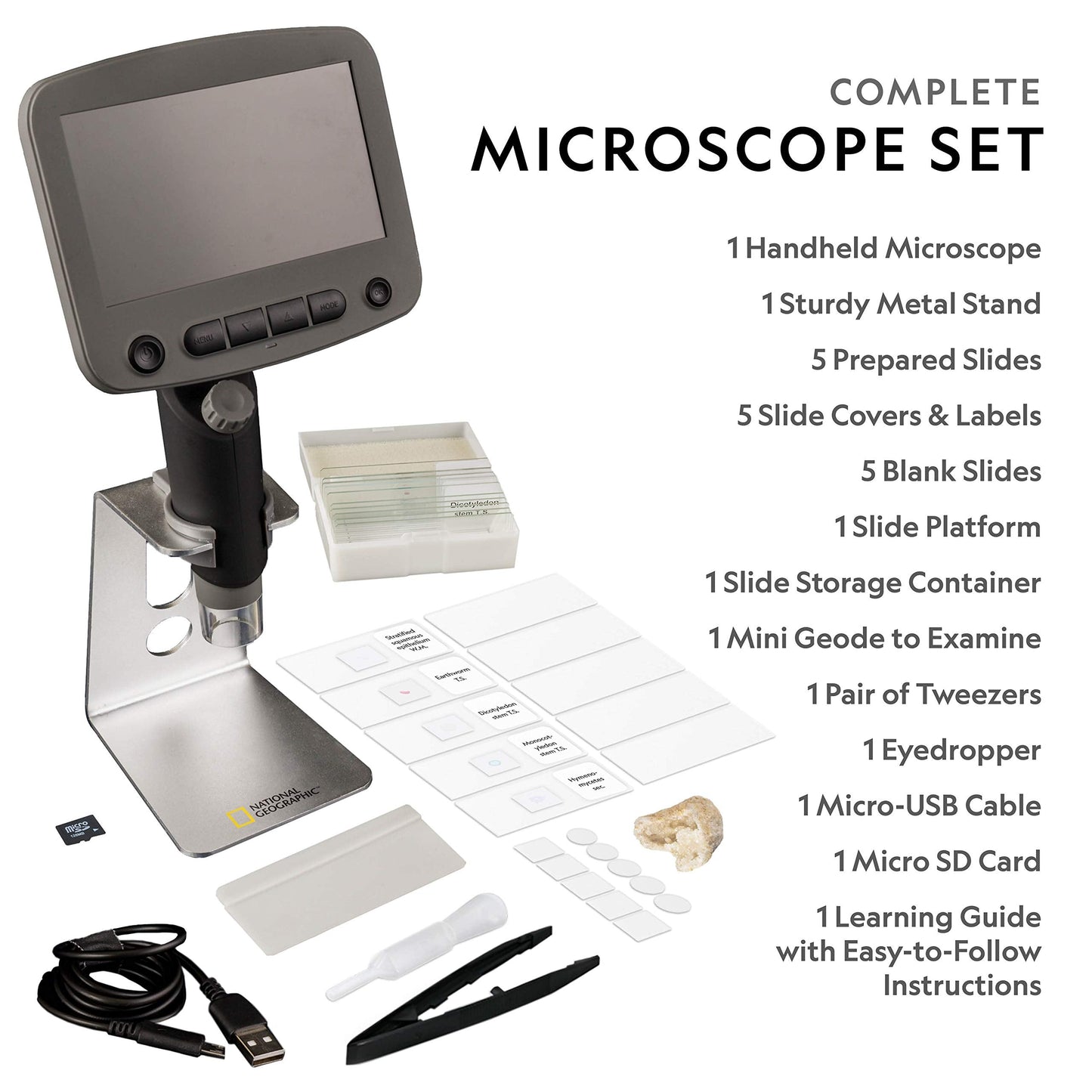 National Geographic Digital Microscope for Kids – 40-Piece Handheld Microscope, Lightweight, Portable, Capture 1080p Photos & Video on Micro SD Card, Tilting 4.3-Inch LCD Screen, 800x Magnification
