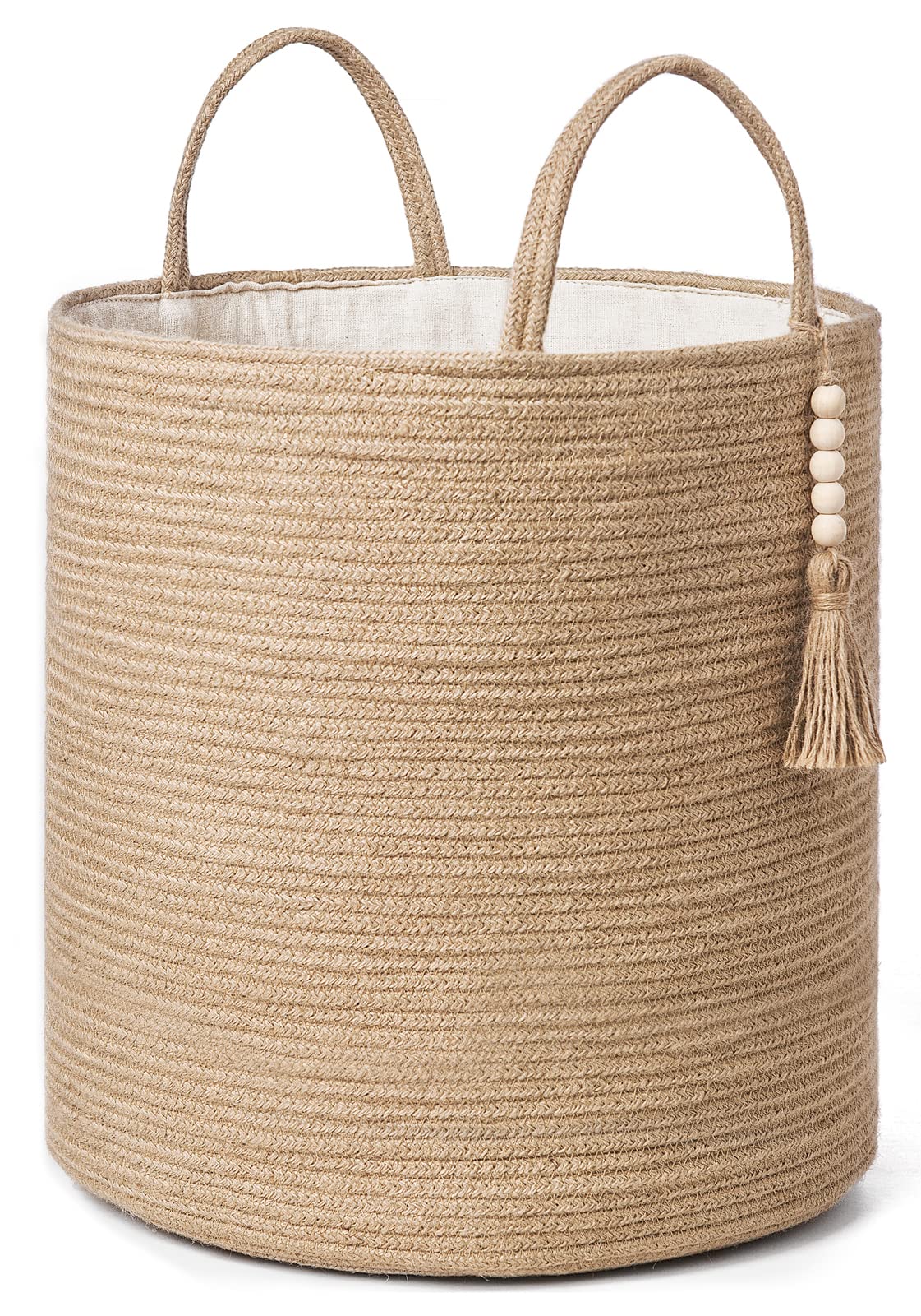 Mkono Tall Wicker Laundry Basket Woven Storage Basket Decorative Natural Rope Basket Wooden Bead Decoration for Blankets,Toys,Clothes,Shoes,Plant Organizer Bin with Handles Living Room 15" Wx17.7 L
