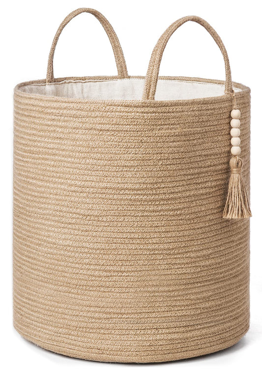 Mkono Tall Wicker Laundry Basket Woven Storage Basket Decorative Natural Rope Basket Wooden Bead Decoration for Blankets,Toys,Clothes,Shoes,Plant Organizer Bin with Handles Living Room 15" Wx17.7 L