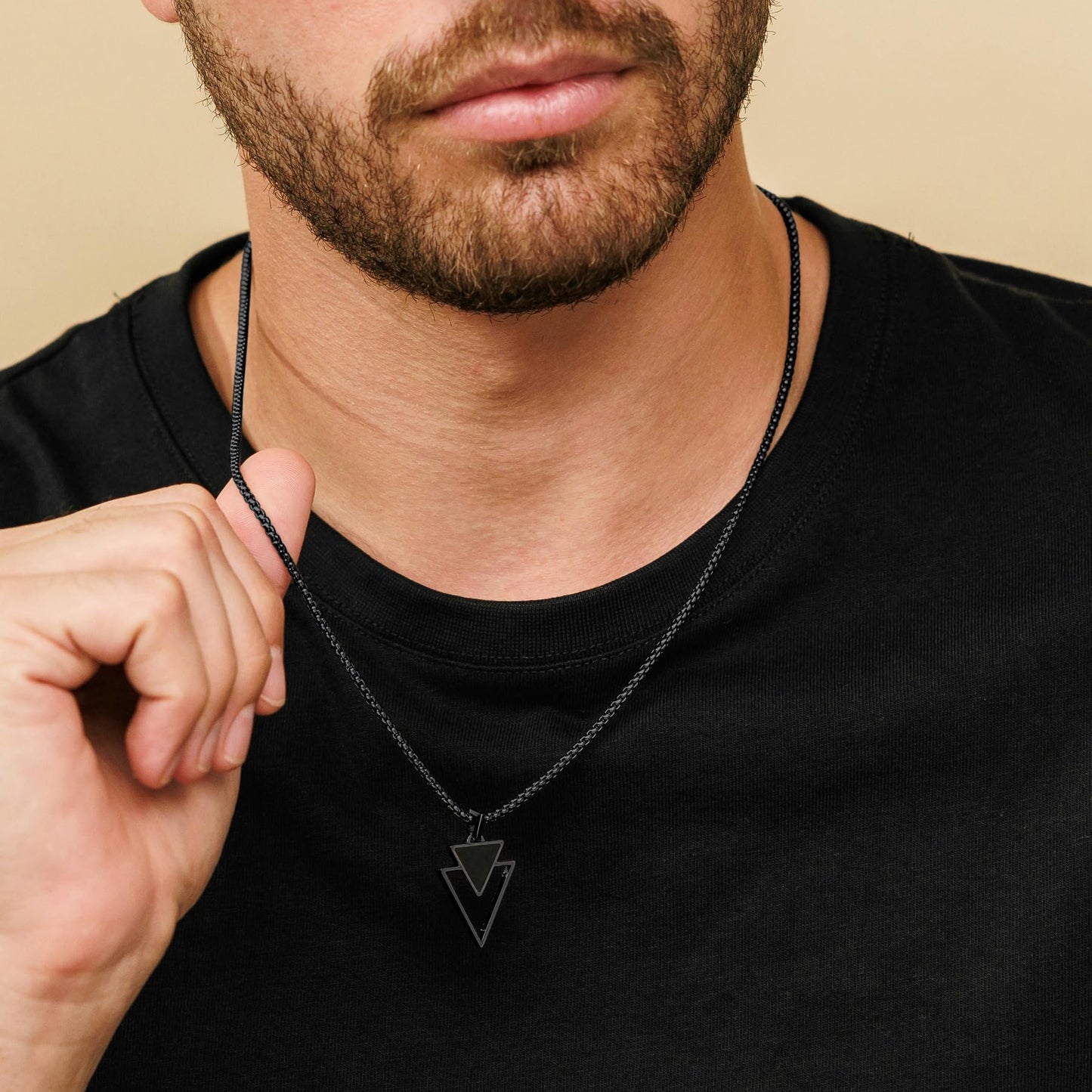 Galis Mens Necklace - Premium Stainless Steel for Men, Non Tarnish with Triangle Black Enamel Pendant, Chain Pendants, Stylish - Gifts for Him - Black 24"