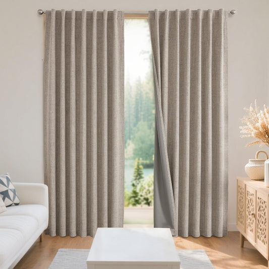 Joydeco 100% Blackout Curtains for Bedroom - Natural Linen Curtains 84 Inch Long, Thermal Insulated 2 Panels Linen Light Blocking Drapes, Rod Pocket & Back Tabs, Darkening Privacy for Living Room