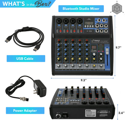 Pyle 6-Channel Professional Audio Mixer - USB - Bluetooth - 48V Phantom Power - Digital MP3 Input - FX 16-Bit DSP - Desk System Interface - PMXU63BT
