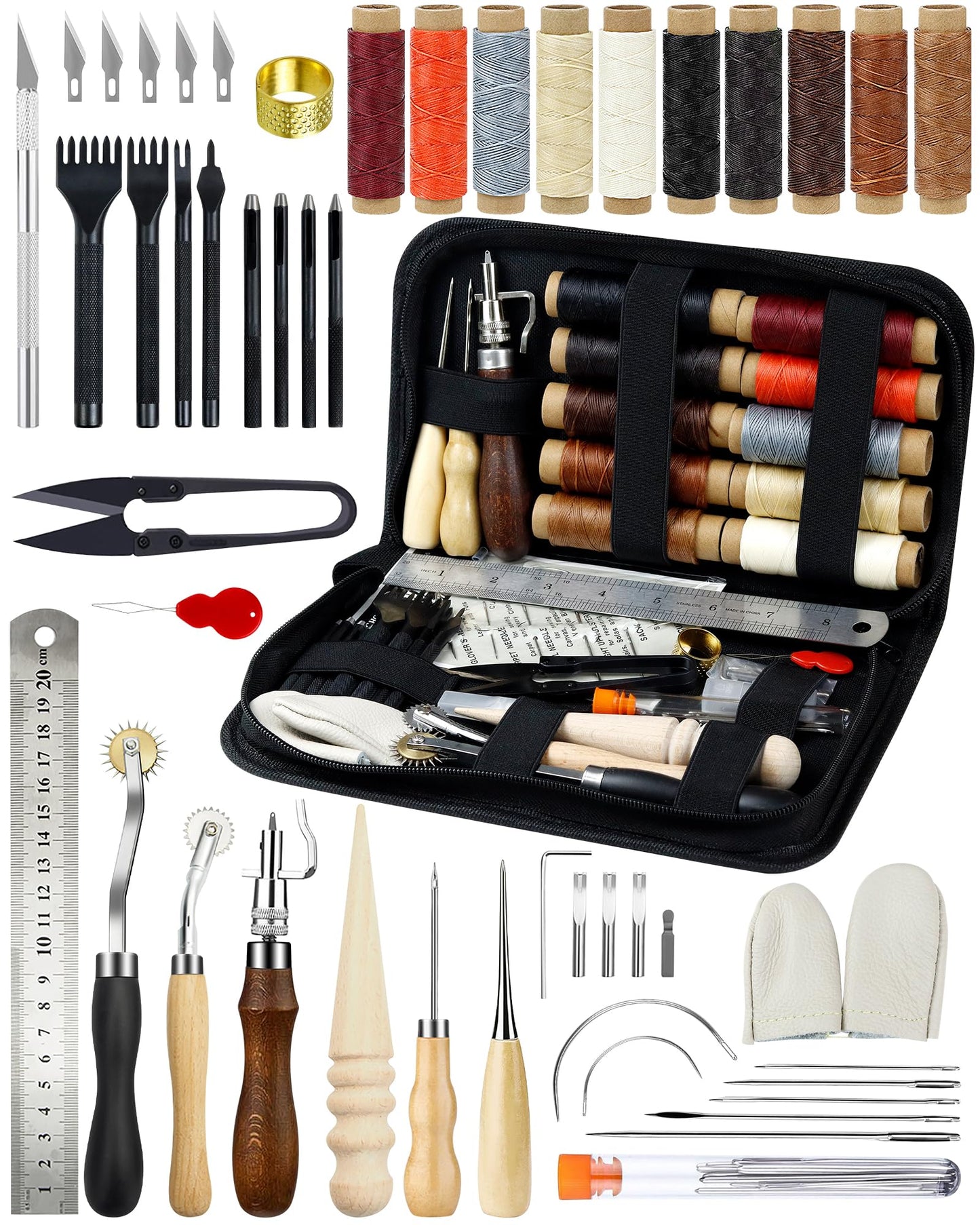PLANTIONAL Leather Working Tools for Beginners: Professional Leather Craft Kit with Waxed Thread Groover Awl Stitching Punch for Leathercraft Adults Gifts 02