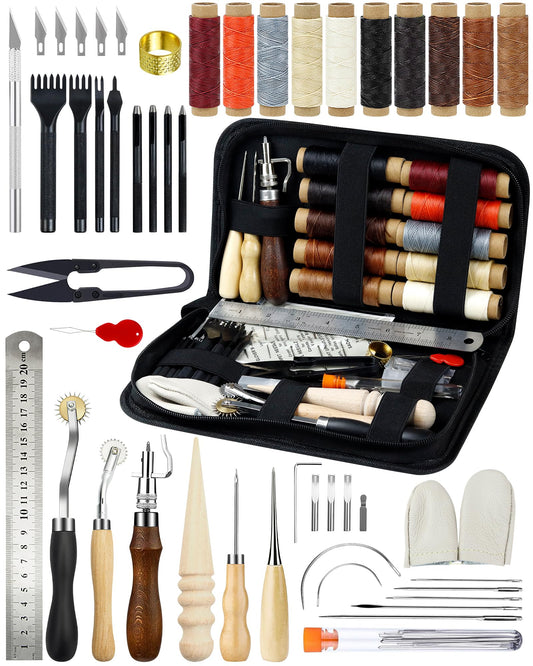 PLANTIONAL Leather Working Tools for Beginners: Professional Leather Craft Kit with Waxed Thread Groover Awl Stitching Punch for Leathercraft Adults Gifts 02