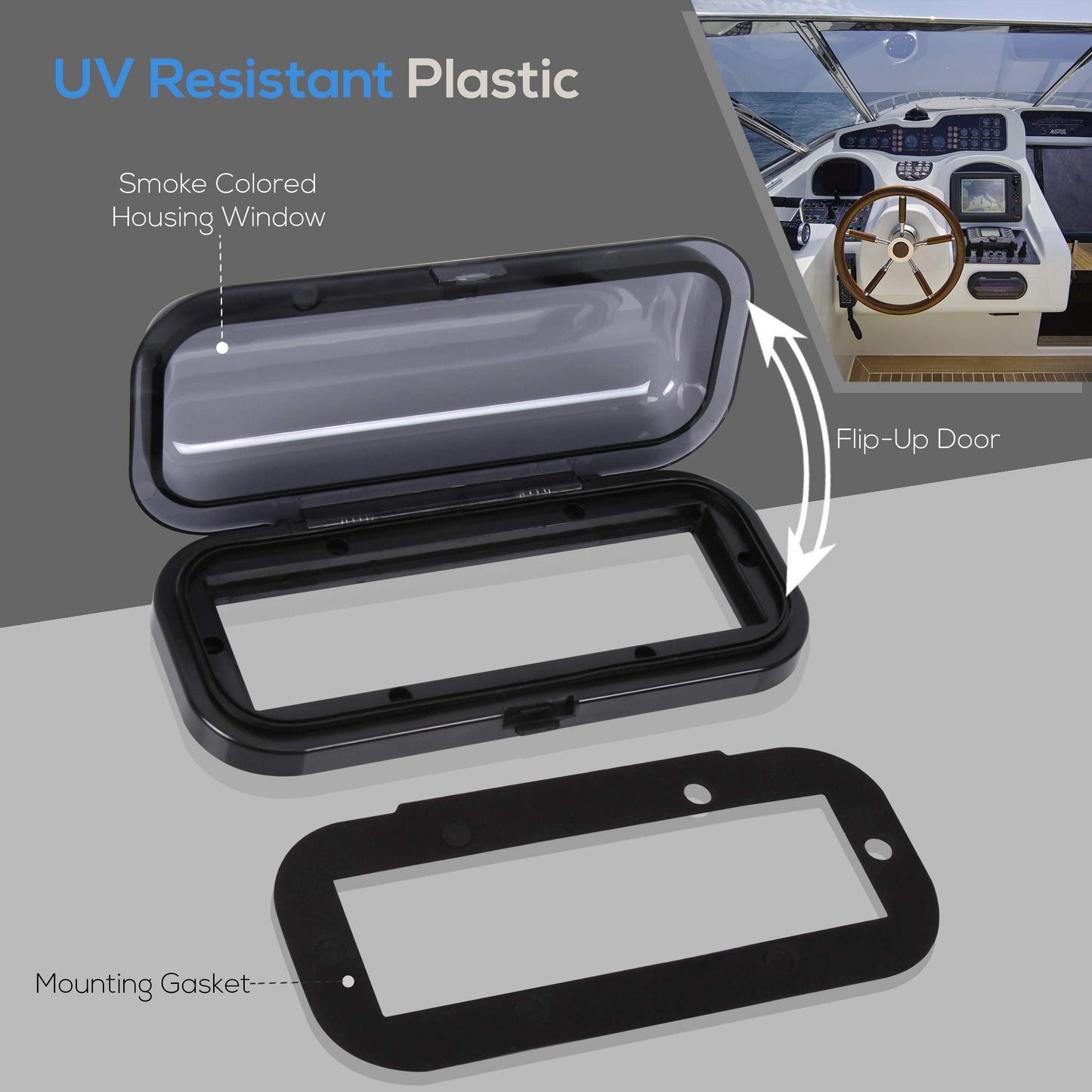 Pyle Water Resistant Marine Stereo Cover - Smoke Colored Heavy Duty Boat Radio Protector Shield with Flip-up Door & Spring Loaded Release - Mounting Gasket Included - Pyle PLMRCB1