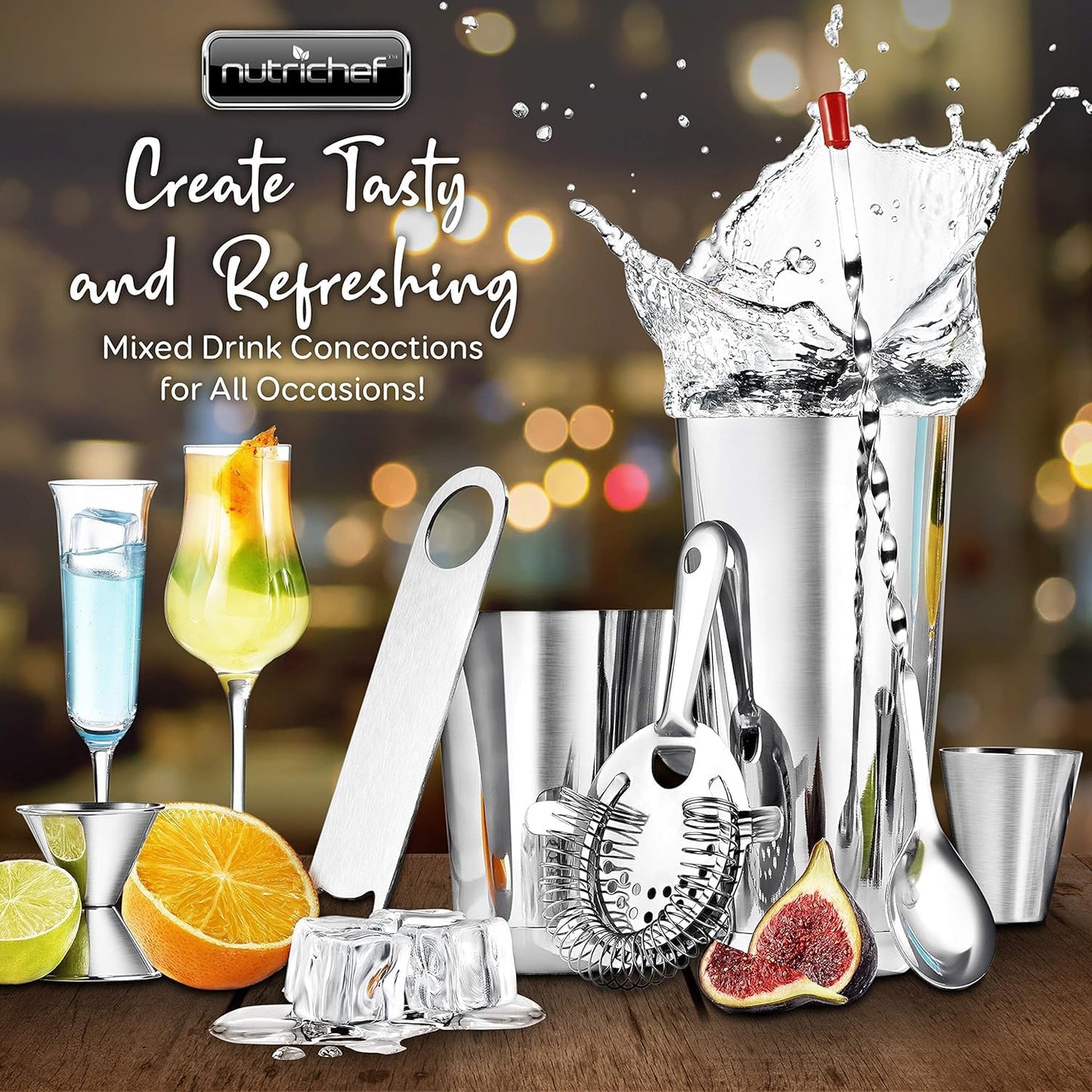 NutriChef Mixology Bartender Cocktail Shaker Set - Includes 15 & 30 oz Stainless Steel Shakers, 6 Bottle Pourers & More - Essential Martini Making Kit - Drink Mixing Set - 15 Piece Cocktail Bar Set