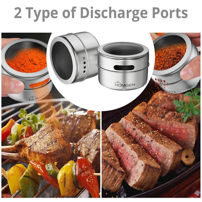 HOMGEN Magnetic Spice Jars 12-Pack - 3.4oz Stainless Steel Spice Containers with Magnet Strong Hold- Includes Labels & Chassis for Fridge/BBQ/Camping, Space-Saving Kitchen Organizer for Pantry & RVs