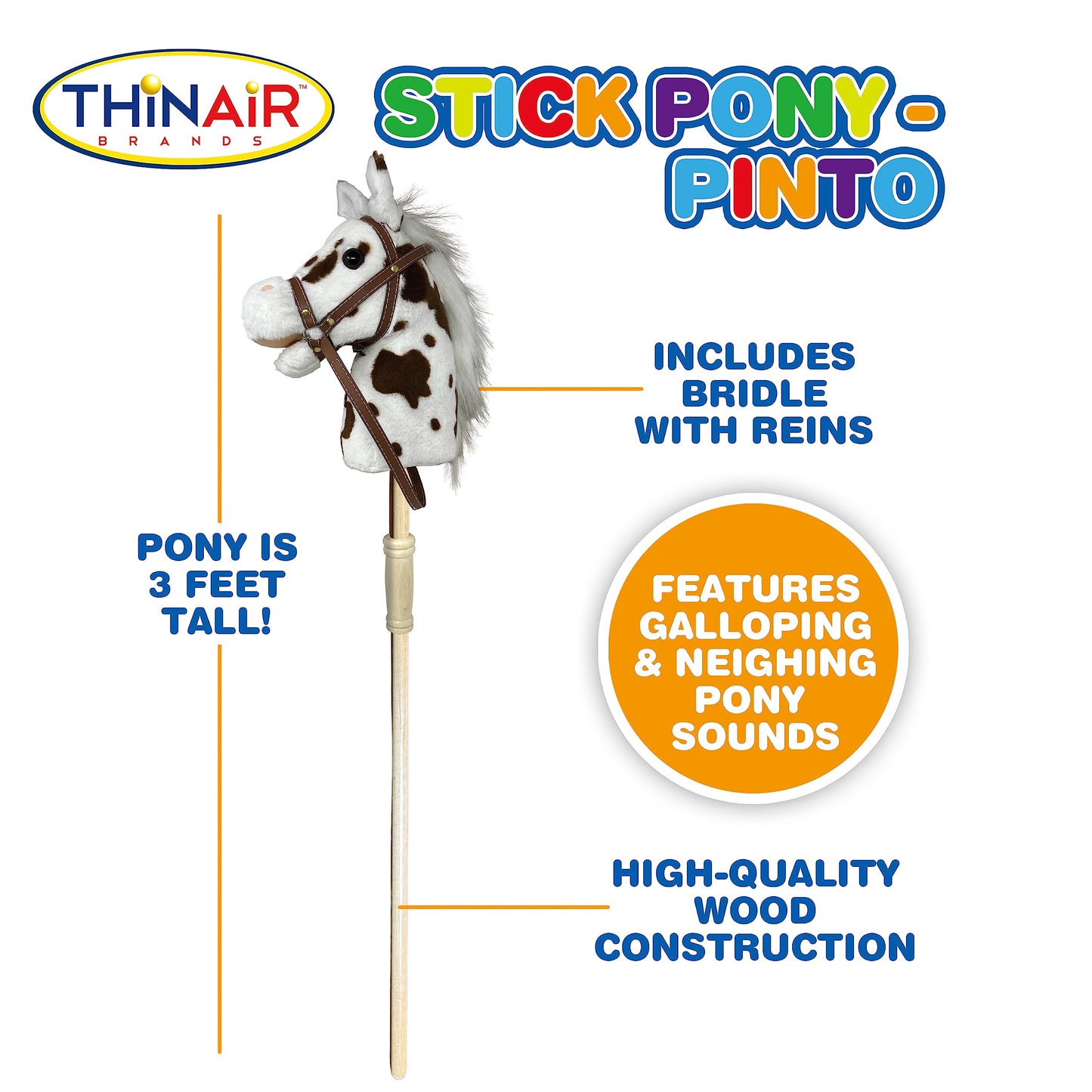 Nature Bound Stick Horse | Plush Handcrafted Hobby Horse | Stick Pony Provides Fun Pretend Play for Toddlers & Preschoolers | Handsewn, Wood, Sound Effects | Pinto Style