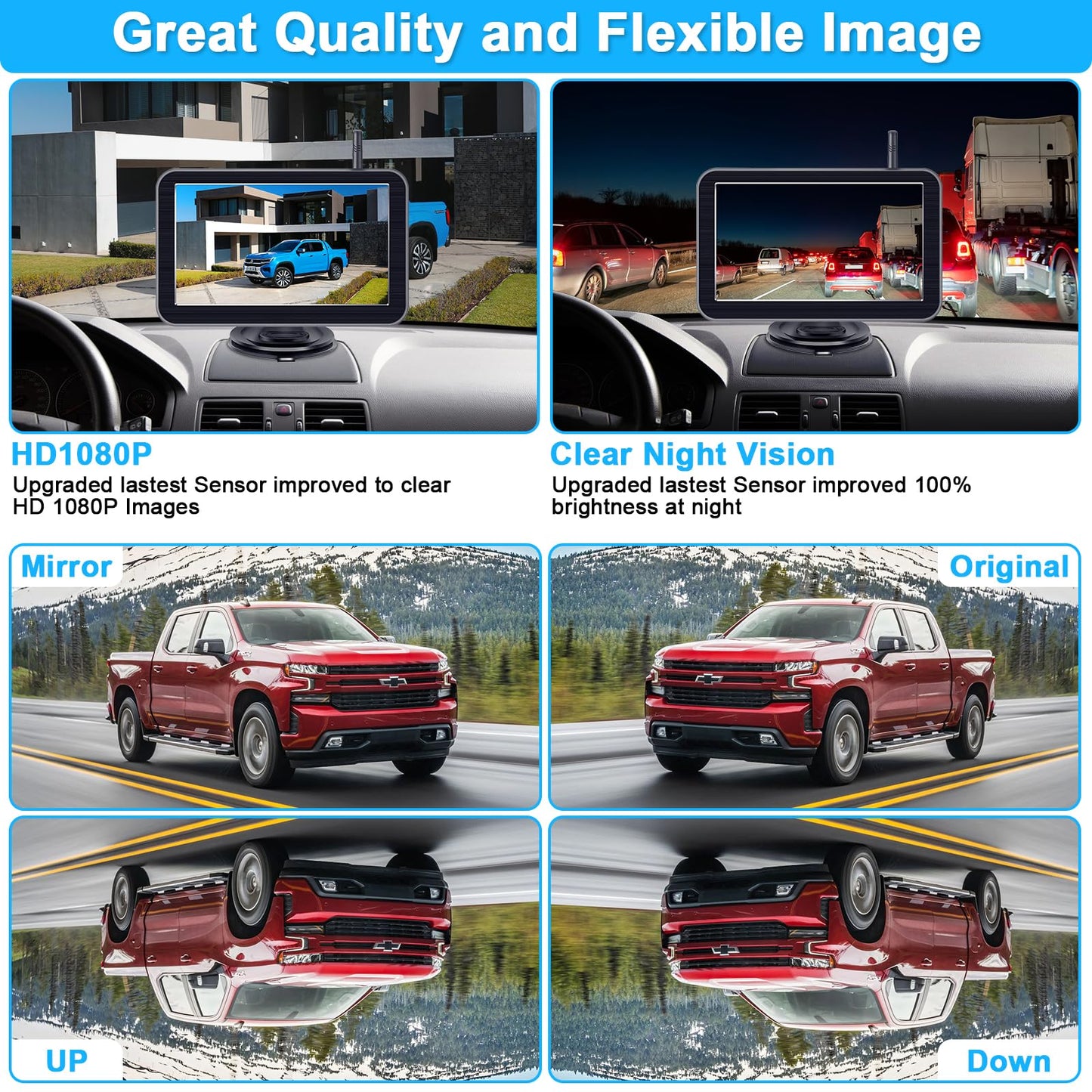 7-Inch Wireless Backup Camera for Truck - 2 Channel, DIY Grid Lines, HD 1080P, Night Vision, IP69K Waterproof, Backup Camera for Truck, Pickup, Trailer, Cars - Parking Safety & Towing Assistance