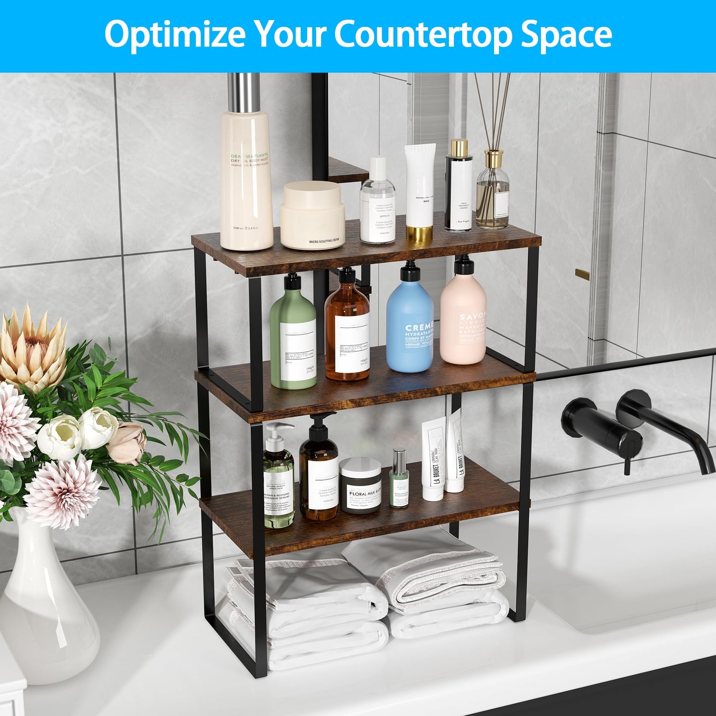 Golener Countertop Organizer Corner Shelf, 2 Tier Adjustable Stackable Corner Shelves for Kitchen, Bathroom, Spice Rack, Coffee Area, Over Sink, Dresser Table, Corner Counter Shelf Stand, Rustic Brown