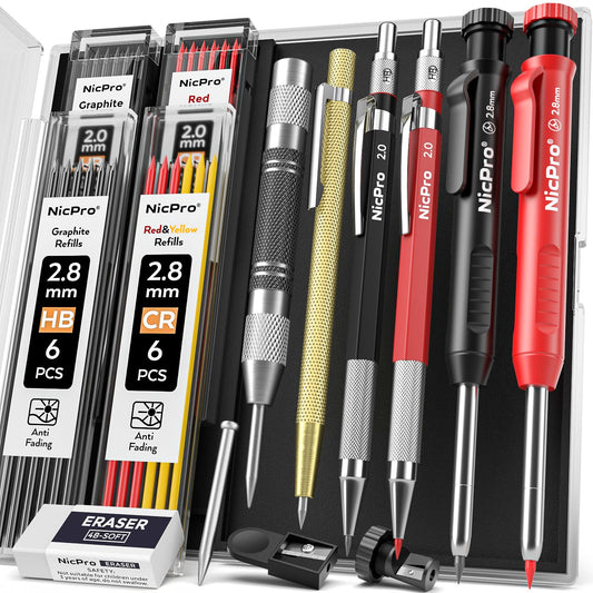 Nicpro 11 Pack Carpenter Pencil Set with Sharpener, Mechanical Carpenter Pencils with 40 Refill, Automatic Center Punch and Carbide Scribe Tool, Heavy Duty Construction Pencil for Architect-With Case