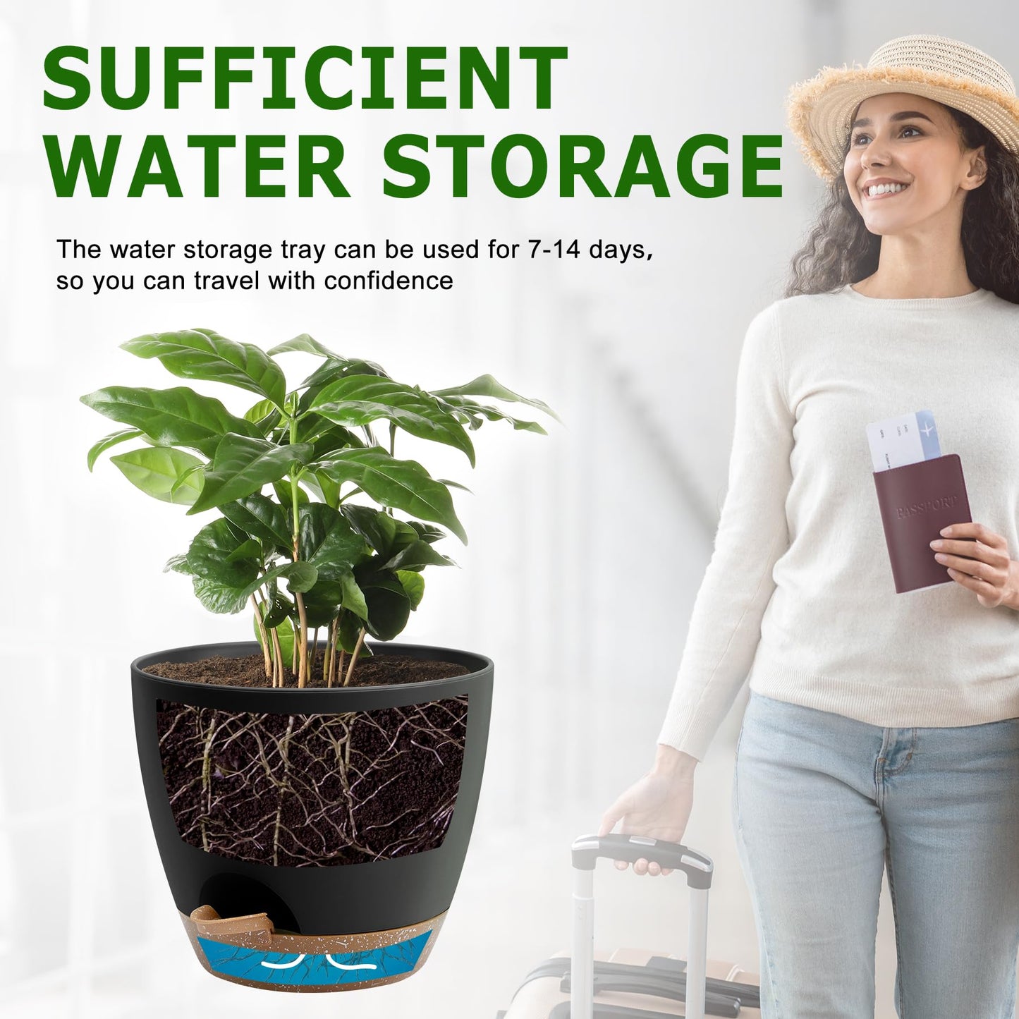 QRRICA Plant Pots 10/9/8/7.5/7 Inch Self Watering Pots, Set of 5 Plastic Planters with Drainage Holes and Saucers,Plastic Flower Pots,Nursery Planting Pot for Indoor Out Door Plants(Black Brown)