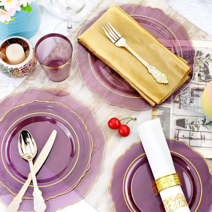 KIRE 210Pcs Purple Plastic Plates with Gold Rim& Silverware &Cups&Hand Napkin - Baroque Clear Plastic Dinnerware for Upscale Wedding/Parties Plates