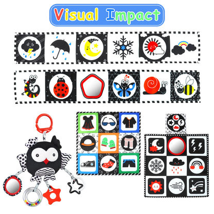 KUANGO Black and White High Contrast Baby Toys 0-6 Months with Mirror, Crinkle and Rattles, Soft Baby Toys for Brain Development Montessori Sensory Tummy Time Newborn Infant for 0 3 6 9 Months Old