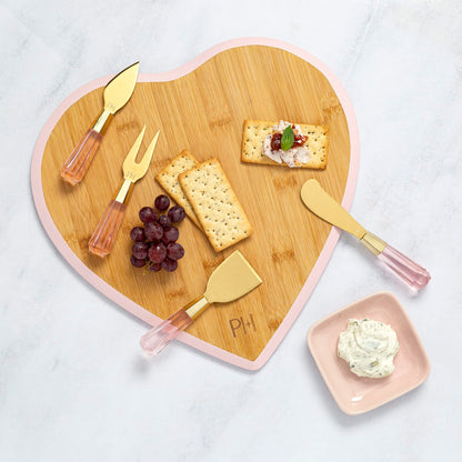 Paris Hilton Charcuterie Board and Serving Set, Bamboo Serving Board, Ceramic Dish, Cheese Utensils with Titanium Coated Blades, 6-Piece Set, Pink