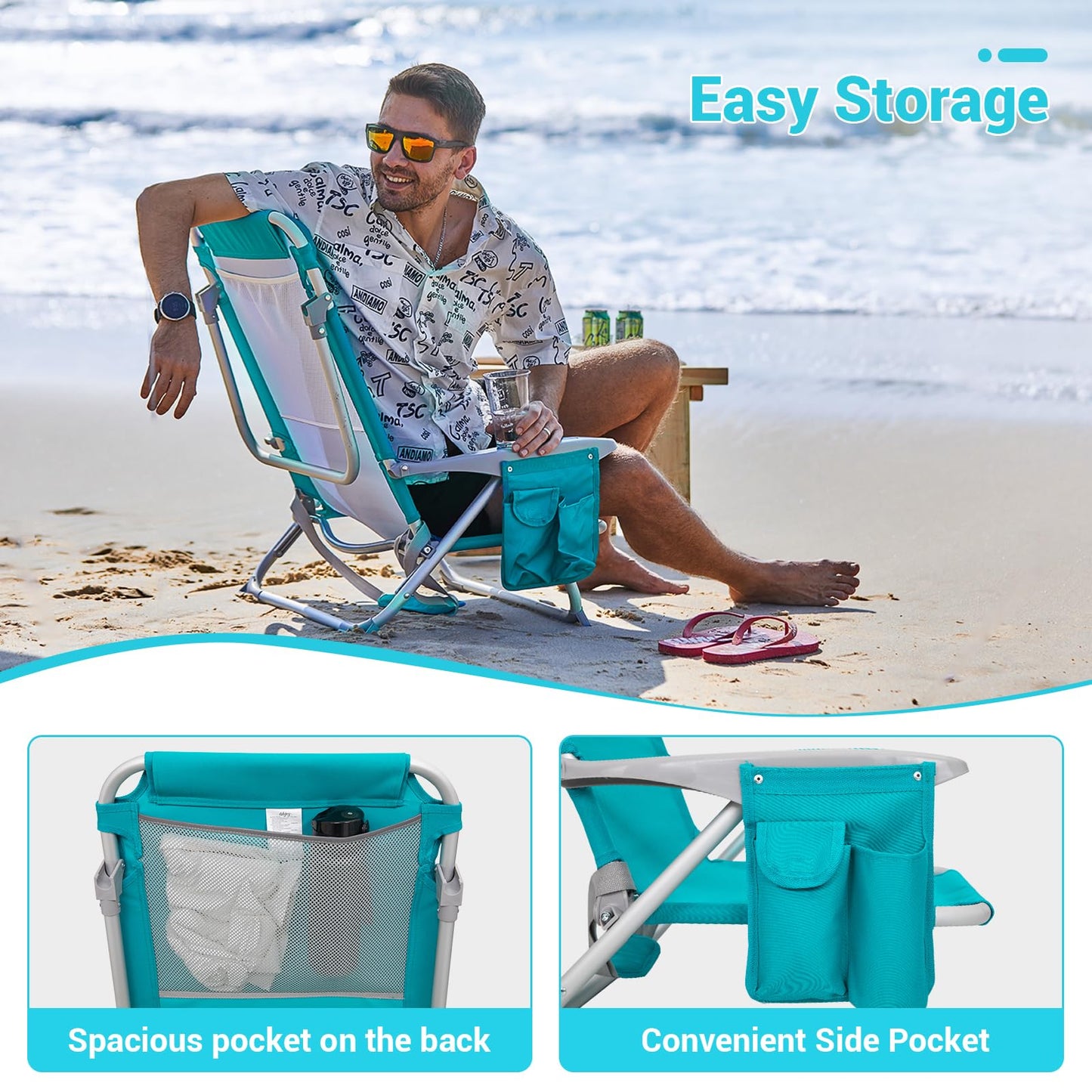 #WEJOY Lightweight Low 2 Pack Beach Chair for Adults, 4-Position Aluminum Folding Camping Chairs with Backpack Strap, Cup Holder and Padded Headrest, Supports 265lbs for Lawn Outdoor Cyan