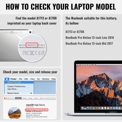 NinjaBatt A1713 A1708 Replacement Battery for MacBook Pro 13-inch A1708 (Late 2016,Mid 2017 Years) - [54.5Wh/11.40V ]
