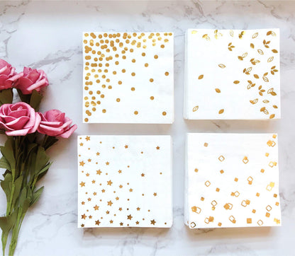 100 PK Gold Napkins - 4 Assorted Designs - 3-Ply Cocktail Napkins Folded 5 x 5 Inches Bar Napkins Disposable Party Napkins Paper Napkins Dinner for Wedding Baby Shower Birthday Graduation 2023