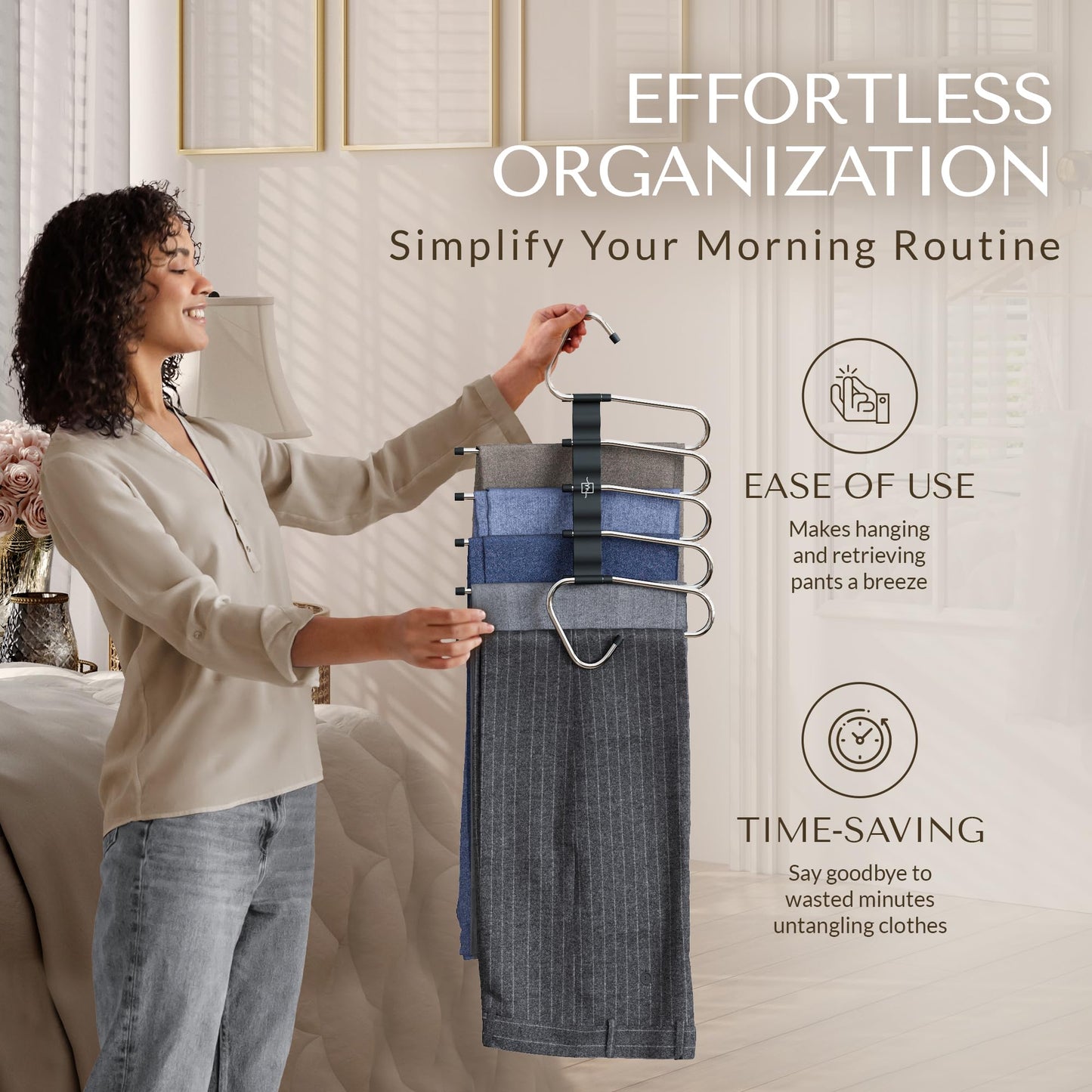 MORALVE Pants Hangers Space Saving - 2 Pack - Non-Slip Multi-Layer Space Saving Hangers - Multifunctional Clothing Rack for Closet Storage - Ideal for Jeans, Trousers, Skirts, Scarves & Slacks (Black)