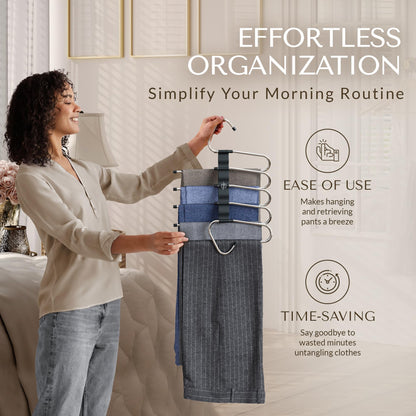 MORALVE Pants Hangers Space Saving - 2 Pack - Non-Slip Multi-Layer Space Saving Hangers - Multifunctional Clothing Rack for Closet Storage - Ideal for Jeans, Trousers, Skirts, Scarves & Slacks (Black)