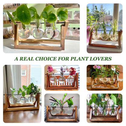 Renmxj Plant Propagation Station, Plant Terrarium with Wooden Stand, Unique Gardening Birthday Gifts for Women Plants Lovers, Home Office Garden Decor Planter - 3 Bulb Glass Vases