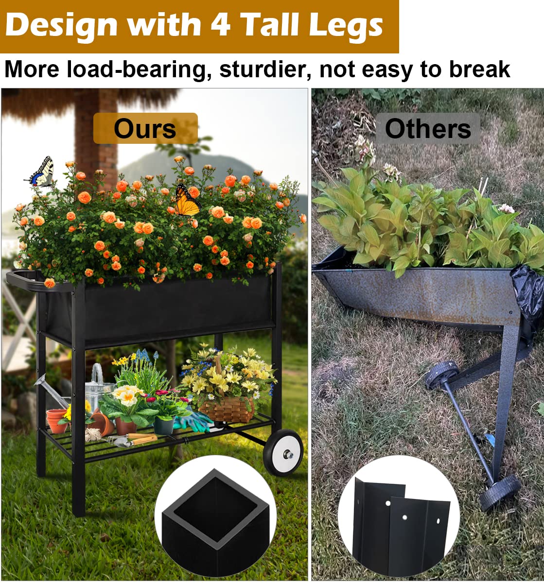 Koutemie Outdoor Raised Planter Bed Box with Legs for Gardening, Elevated DIY Garden Cart on Wheels for Vegetables Flower Tomato Herb Plant, Black