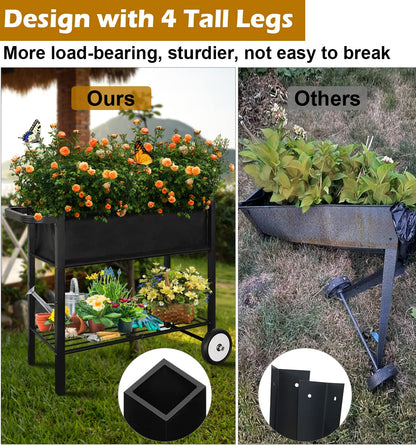 Koutemie Outdoor Raised Planter Bed Box with Legs for Gardening, Elevated DIY Garden Cart on Wheels for Vegetables Flower Tomato Herb Plant, Black