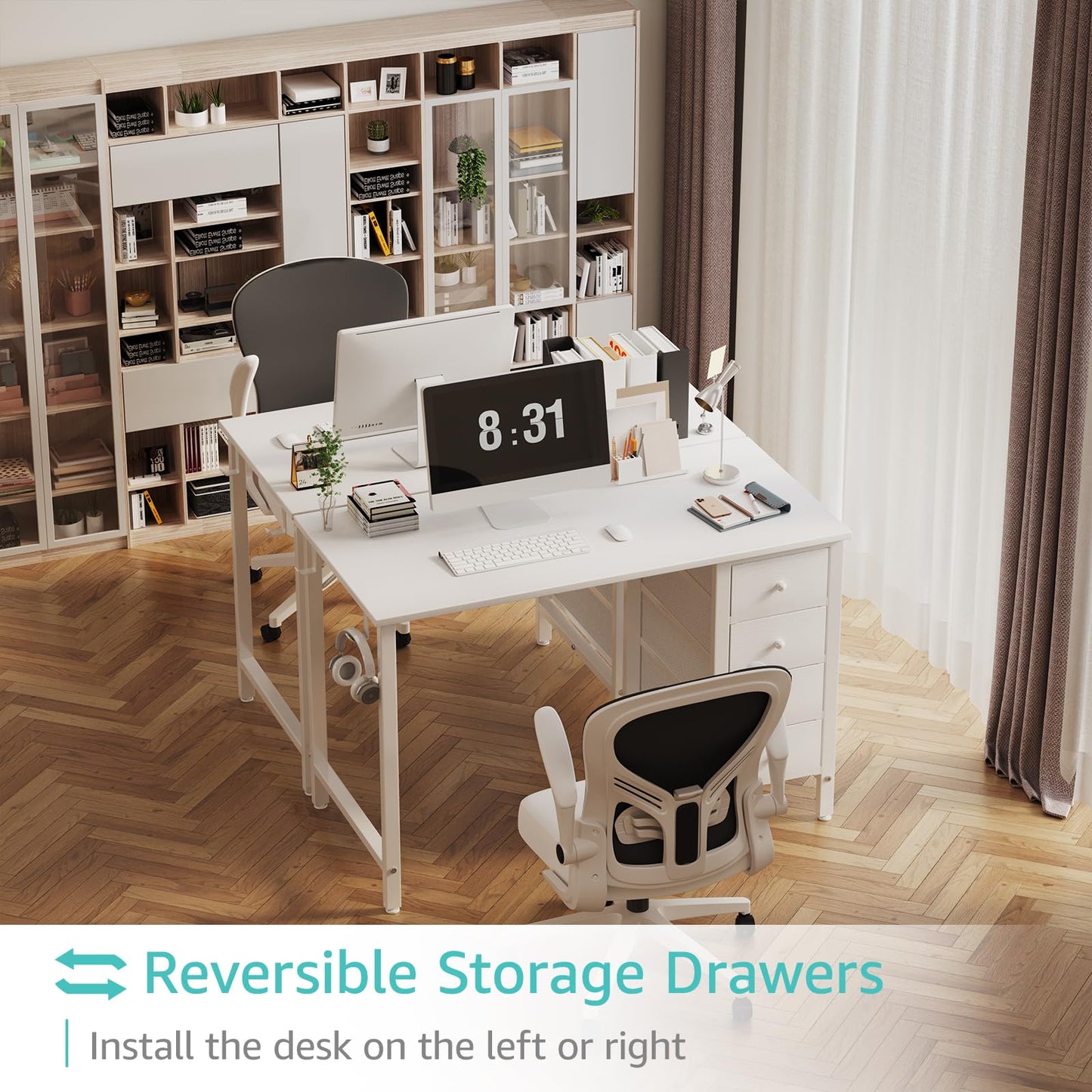 Lufeiya Small White Desk with Drawers for Bedroom, 40 Inch Kids Girls Study Desks, Reversible Computer Writing Nail Table with Fabric Drawer for Small Spaces Home Office Manicure