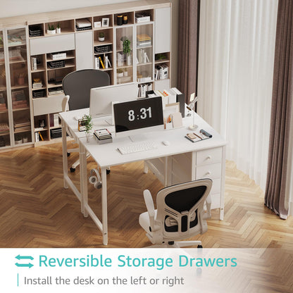 Lufeiya Small White Desk with Drawers for Bedroom, 40 Inch Kids Girls Study Desks, Reversible Computer Writing Nail Table with Fabric Drawer for Small Spaces Home Office Manicure