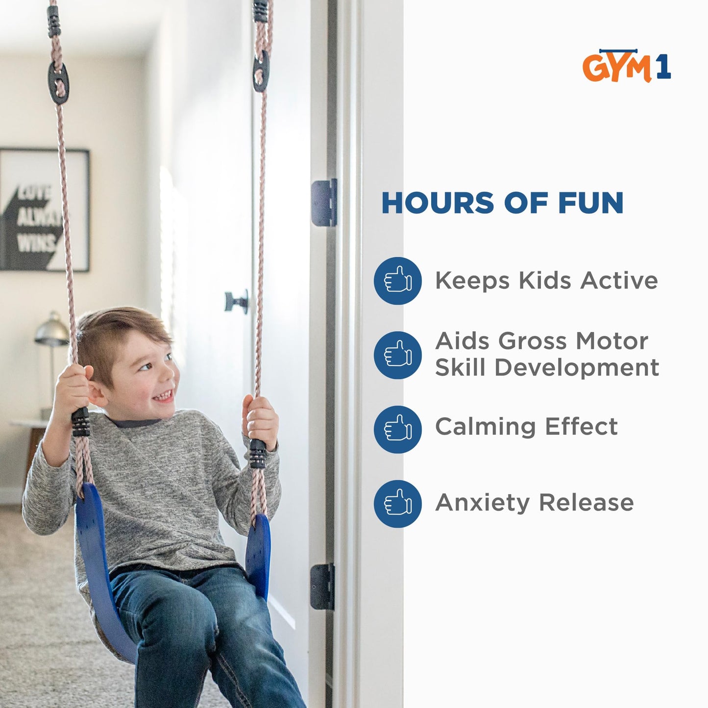 Gym1 6-Piece Doorway Gym Indoor Playground - 6-Piece, Blue - Indoor Playset with Sensory Swing, Pull-Up Bar & Rings, Trapeze, Ladder & Knotted Rope