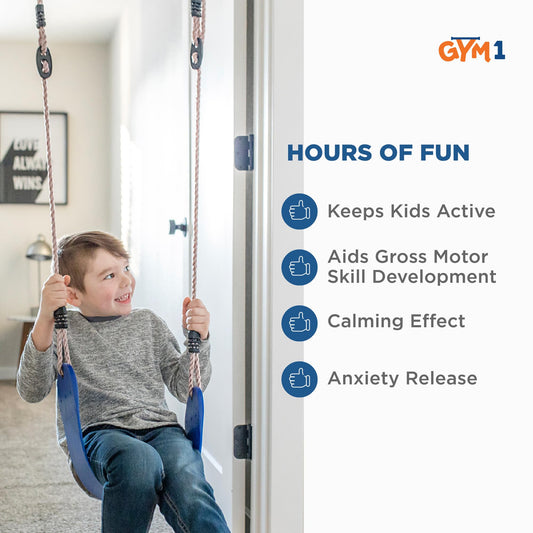 Gym1 6-Piece Doorway Gym Indoor Playground - 6-Piece, Blue - Indoor Playset with Sensory Swing, Pull-Up Bar & Rings, Trapeze, Ladder & Knotted Rope