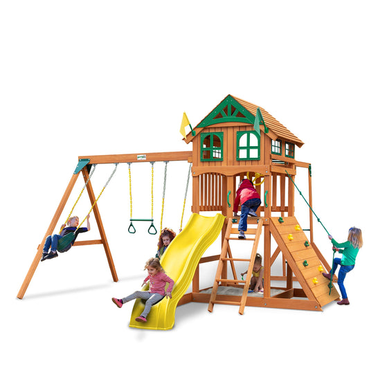 Gorilla Playsets 01-1069-Y Outing Wood Swing Set with Wood Roof and Monkey Bars - Yellow Slide, Amber